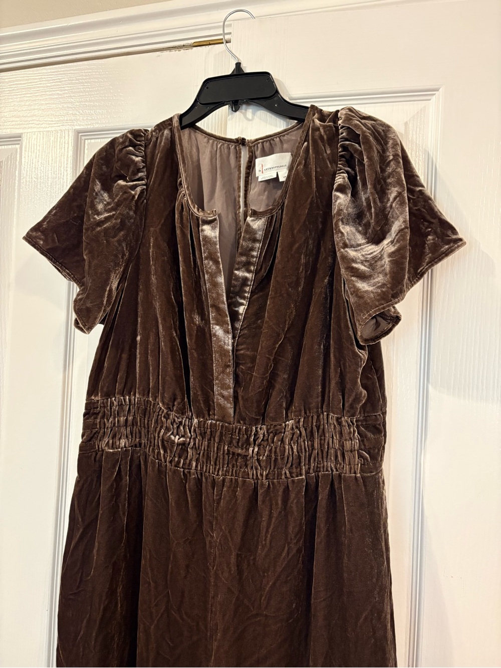 Anthropologie Brown Velvet Short-Sleeve Wide-Leg Jumpsuit Size L Petite - Picture 4 of 6